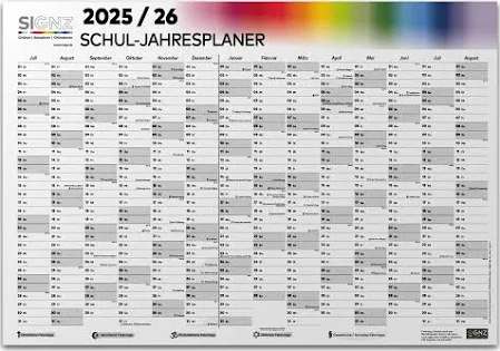 SIGNZ Calendrier scolaire 2025-2026, XXL, 98 x 68 cm, avec vacances et jours fériés, fabriqué en Allemagne