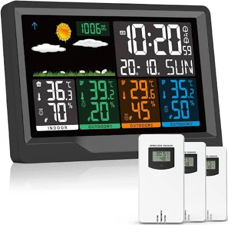 Station Meteo Interieur Exterieur Sans Fil avec 3 Capteurs Thermomètre Hygromètre LCD Écran Couleur avec Alerte Température Météo Prévisions DCF Radio
