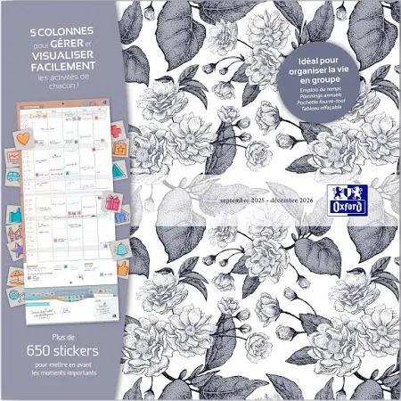 OXFORD Romance Calendrier familial et scolaire mural 2025-2026 30x30