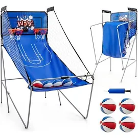 Costway Jeu de Basket Ball d'arcade pliable Double tir 8 modes de Jeu Score electronique sonore 4 Ballons,Pompe 4 joueurs Bleu