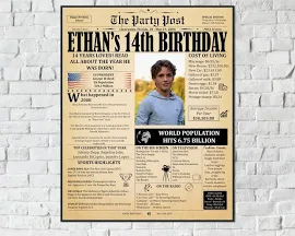 Affiche de décoration de fête d'anniversaire 14th, cadeau personnalisé avec photo pour adolescents, panneau imprimable de journal de 2008, fichier num