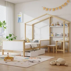 REDOM - lit enfant cabane avec tiroirs et étagères, avec Table et tabouret, bois massif avec plaque de protection et Sommier à lattes, structure en L,