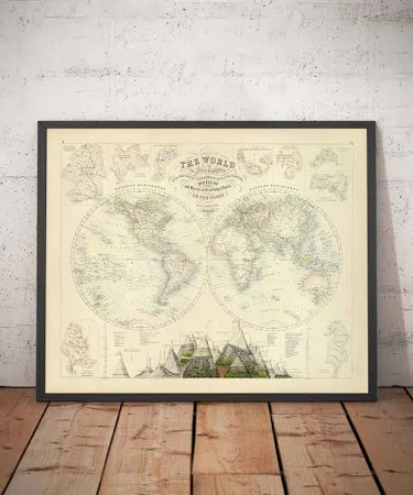 Old World Map, 1872 par Fullarton - Victorian Double Hemisphere Projection Atlas, Rivers, Mountains (pas d'Everest!)