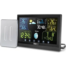 Station météo Radio Emos avec écran couleur tactile, comprenant un Capteur extérieur, une horloge Radio avec Signal de réception RF