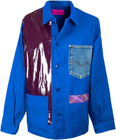 Bleu de travail Asymétrie en Vinyl Violet avec poche en Jean asymétrique Upcycling