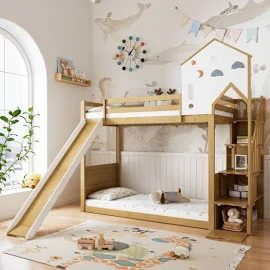 Lit superposé 90x200cm, avec toboggan, décoration enchantée, escalier de rangement, supérieur Sommier à lattes, clôture de sécurité, lit enfant