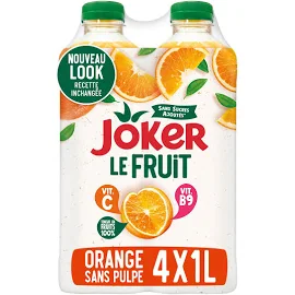 Joker jus d'orange le Fruit Sans pulpe Sans sucres ajoutés 4x1L