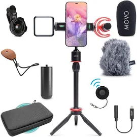 Movo iVlog1 Kit Vlogging pour iPhone - Kit de démarrage Compatible avec Youtube avec Microphone Shotgun, Mini trépied, lumière LED, Objectif Grand