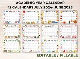 Calendrier scolaire modifiable 2024-2025 de juillet à juin - Calendrier scolaire imprimable pour les enfants - Calendrier scolaire à la maison avec de