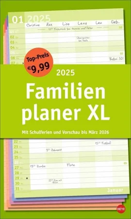 Agenda familial basique XL 2025 : calendrier familial avec 6 colonnes, calendrier mural familial pratique avec vacances scolaires, agenda extra large,