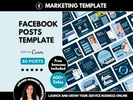 Modèle d'entreprise Canva pour 60 publications Facebook, publications de contenu d'engagement FB bleu, modèle de marketing Canva sur les réseaux socia