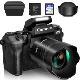 4K Digital Camera For Photography & Video, 64MP Wifi Touch Screen Vlogging Camera For Youtube with Flash, 32GB SD Card, Lens Hood, 3000mAh Battery,