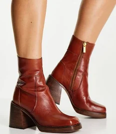ASOS Design Region Leather Mid-Heel Boots in tan-Brown