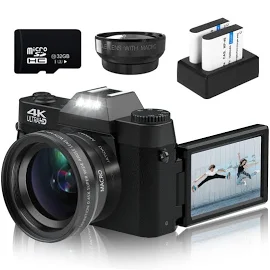 Digital Camera For Photography and Video 4K 48MP Video Blog Camera Youtube with 180° Flip Screen, 16X Digital Zoom, 52mm Wide Angle and Macro Lens,