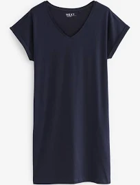 Womens Next Navy 100% Cotton Relaxed V-Neck Capped Sleeve Tunic Dress - Navy