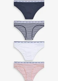 Womens Next Pink/Blue Stripe Bikini Cotton Rich Logo Knickers 4 Pack - Pink