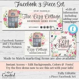 Cottage Facebook Set, Customizable Facebook, DIY Facebook, Editable Facebook Set, DIY Business Set, Farmhouse Template, Cozy Cottage