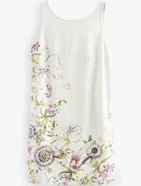 Womens Next Ecru Cream Floral Linen Blend Sleeveless Shift Dress - Ecru Cream Floral