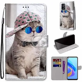 Foxdock Case For Realme 9i Creative Pattern Tui Magnetic Card Holder Wallet - Sunglasses Cat