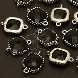ZC-043-OR / 2 Pcs - Cushion Cut Rim Connector (Jet), Two Loops Black Glass Stone Charm, Silver Plated over Brass / 9mm x 14mm