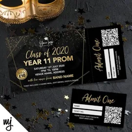 Custom printed school prom tickets | Perforated stubs | Black marble gold school student prom leaving party