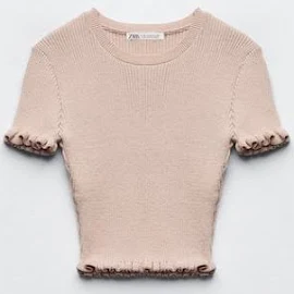 Zara - Ribbed Top With Ruffles in Pastel Pink - L - Woman