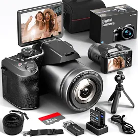 NBD 64MP Digital Camera,4K Vlogging Camera for YouTube with 3’’ Flip Screen,16X Digital Zoom,WIFI& Autofocus,Cameras Mic&Tripod,2 Batteries, 32GB TF