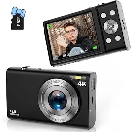 Digital Camera 4K Auto Focus Vlogging Camera 48MP 16X Digital Zoom Digital Camera with 32GB Memory Card YouTube Portable Compact Small Video Camera