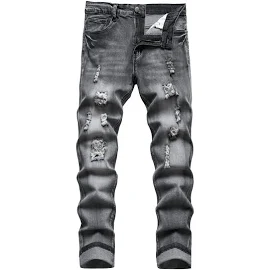 QIMYUM Mens Ripped Jeans, Distressed Destroyed Slim Fit Straight Leg Denim Pants