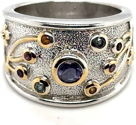 925 Sterling Silver Two Tone Multi Color Topaz Ring 14mm 7.87grams