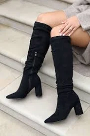 Womens Linzi Black Bonnie Faux Suede Block Heel Knee High Ruched Boot with Pointed Toe - Black
