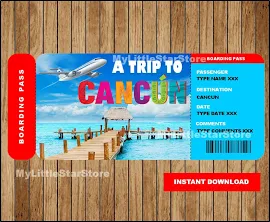 Cancun Surprise Printable Ticket, Cancun Surprise Boarding Pass, Cancun Gift Ticket, Printable Ticket to Cancun Boarding Pass Editable Text