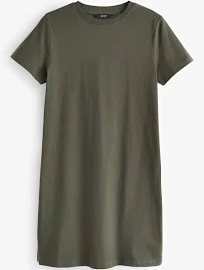 Womens Next Khaki Green 100% Cotton Crew Neck Short Sleeve T-Shirt Dress - Khaki Green