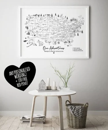 Personalised Map of United States of America USA World Travel Push Pin Map Framed with Animals