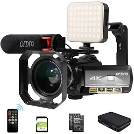 Ordro 4K Camcorder Video Camera For Vlogging Youtube 1080P 60fps 30MP IR Night Vision Wi-Fi 3.0'' IPS Recorder Camcorders with Microphone LED Light