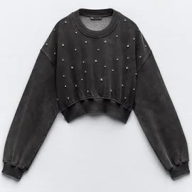 Zara - Cropped Faded Sweatshirt With Rhinestones in Anthracite Grey - L - Woman