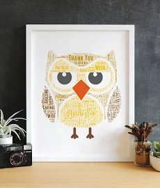 Personalised Owl Word Art Print Gift - Add All Your Own Word To Create a Lovely Gift for a Teacher - Great Brownie Gift Idea