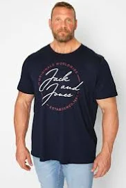 Jack & Jones Big & Tall Navy Blue Printed Logo Crew Neck Tshirt Size 2XL | Men's Big & Tall