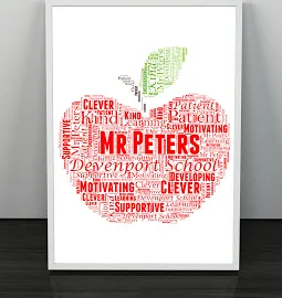 Apple Word Art Print - Personalised Teacher Gift - Add All Your Own Words To Create A Personalised End of Term Teacher Word Art Frame Gift