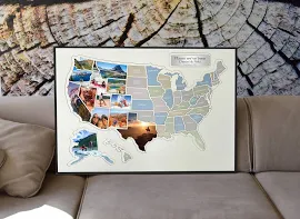 Personalized 50 States USA Photo Map with Wooden Frame - Create Your Own Travel Collage Map, Perfect Birthday or Wedding Gift for Travelers