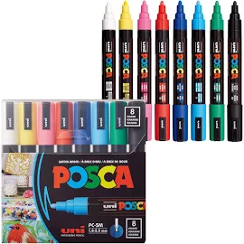 Uni Posca Paint Markers - Basic Colors, Set of 8, Medium Tip, 2.5 mm