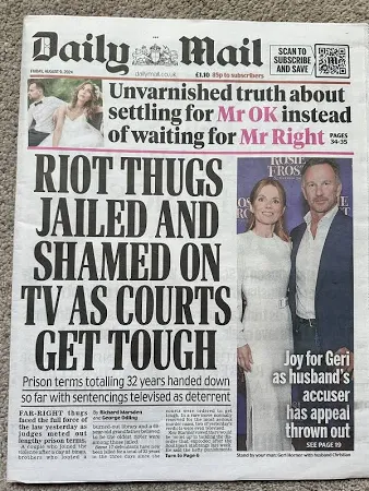 Daily Mail 9th August 2024 9/8/24 Uk Protestors Jailed