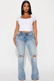 Women's Key Figure Ripped Stretch Flare Jeans in Medium Wash Size 3 | Fashion Nova