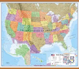 Large USA Wall Map Political (Rolled Canvas with Wooden Hanging Bars)