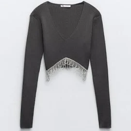 Zara - Soft Crop Top With Rhinestones in Dark Grey - L - Woman