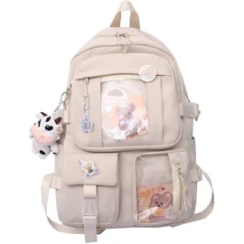 GGOOB Kawaii Backpack with Pins Kawaii School Backpack Cute Aesthetic Backpack Cute Kawaii Backpack for School (Beige, with Accessories)