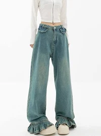 Straight Fit Ruffled Hem Jeans Cool Blue / M - Y2k - NightCity Clothing