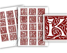 MEDIEVAL ILLUMINATED LETTERS- Fancy Gothic Initials Alphabet ABCs - 1 and 2 inch Squares - for Paper Crafts Scrapbooking more Christmas Red