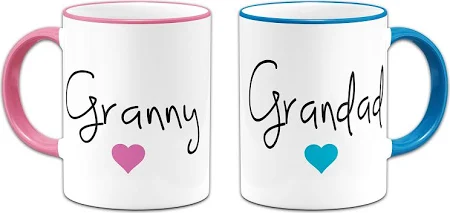 Pair of Granny & Grandad Lovely (Heart) Novelty Gift Mugs - Pink & Blue Handle/Rim