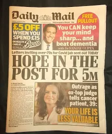 The Daily Mail Uk Newspaper 18/01/21 January 18th 2021 Vaccine Hope In